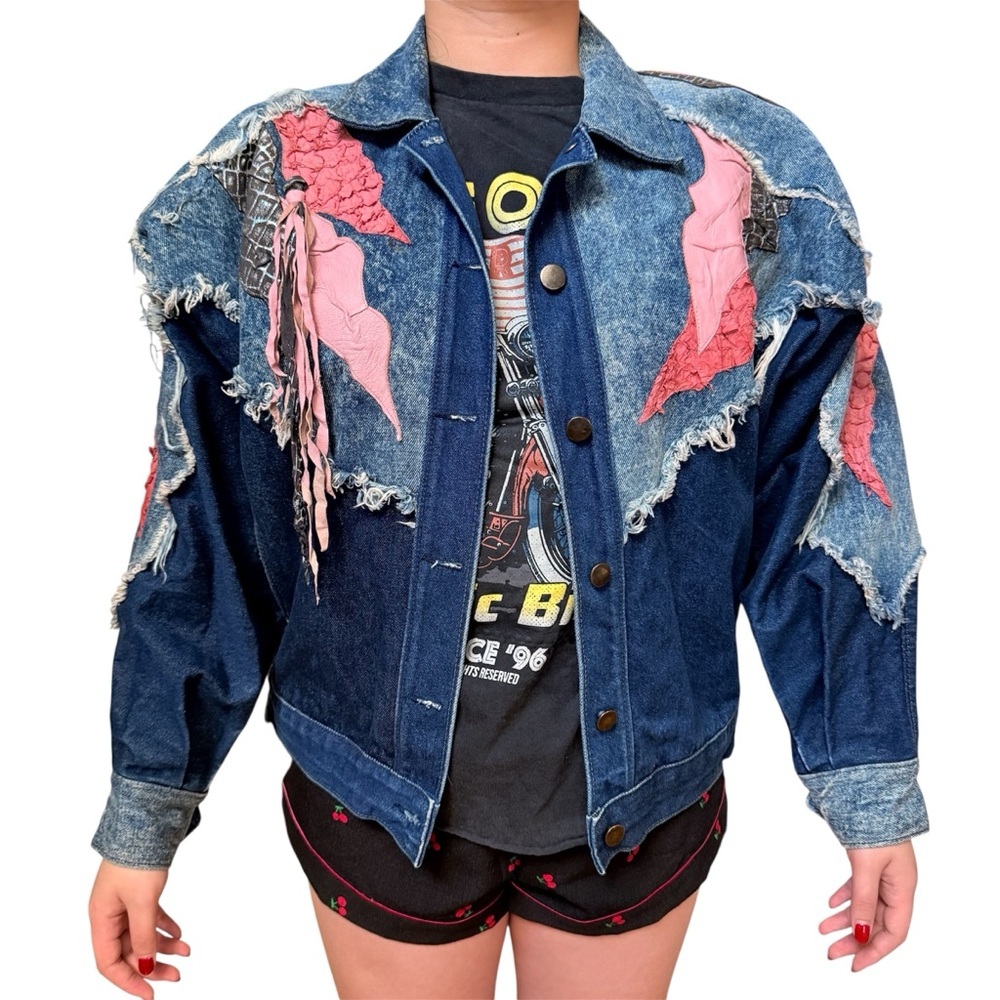 Rare Vintage 80s Denim Jacket with Pink Leather Accents